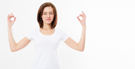 Beautiful teen woman doing yoga exercise isolated on white background, girl zen pose, copy space,...