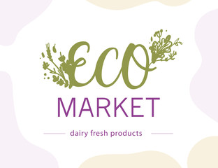 Vector eco market food logo design template isolated on white background. For farmers market, healthy products shop, local eco food fair, bio food store emblem, insignia.