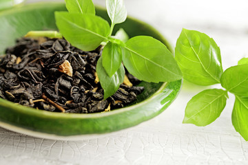 green tea and tea leaves