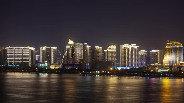 night illuminated sanya famous hotel complex bay panorama 4k timelapse hainan island china