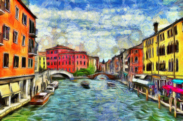 Venetian canal with moving boats, digital imitation of Van Gogh painting style