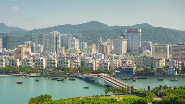 sunny sanya city bay phoenix island bridge rooftop panorama 4k timelapse hainan island china
