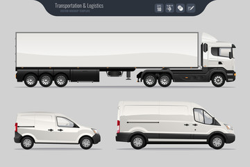 Vector template with detailed cargo truck and van. Isolated realistic cargo truck and van on gray background. Vector