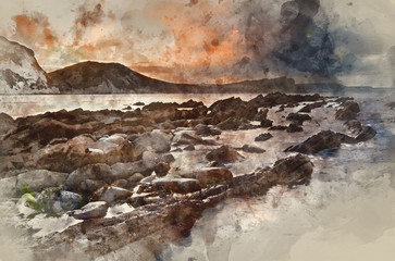 Watercolour painting of Sunrise ocean landscape Mupe Bay Jurassic Coast England