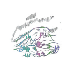 Color neon illustration with eyes on the slopes. Psychedelic picture of the spirit of the earth.