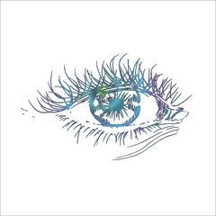 Color neon illustration with eye in the style of hatching. An idea for a tattoo.