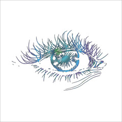 Obraz premium Color neon illustration with eye in the style of hatching. An idea for a tattoo.