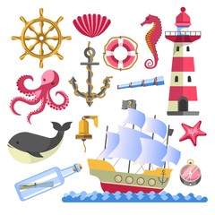 Marine symbols underwater animals and ship with beacon