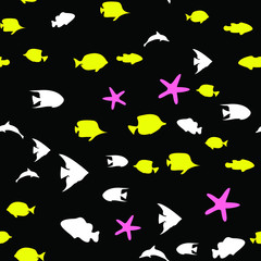 Underwater scene. Colorful fish groups in clean sea water. Seamless vector EPS 10 pattern.