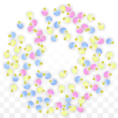 Vector Realistic Colorful Petals Falling on Transparent Background.  Spring Romantic Flowers Illustration. Flying Petals. Sakura Spa Design. Blossom Confetti. Design Elements for Wedding Decoration.