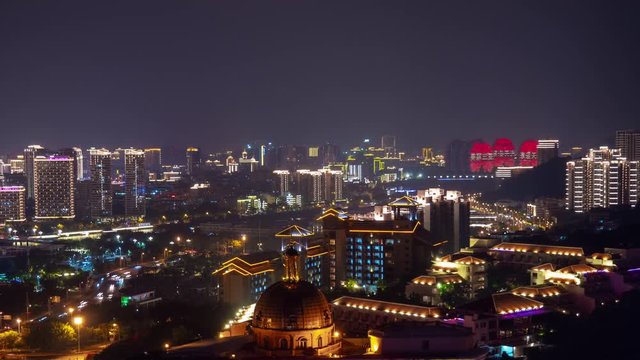 night illuminated sanya cityscape famous dadonghai hotel rooftop panorama 4k timelapse hainan island china