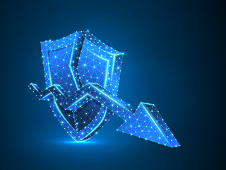 Downtrend arrow on broken Security shield abstract neon 3d illustration. Polygonal Raster business concept of market crash. Low poly wireframe, triangles, lines, dots, polygons on blue background