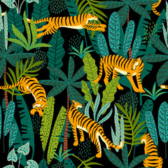 Fototapeta na wymiar Seamless exotic pattern with tigers in the jungle.