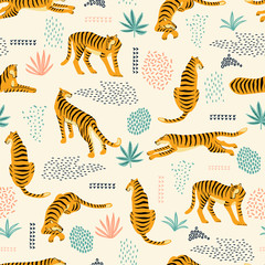 Fototapeta na wymiar Seamless exotic pattern with tigers and abstract elements.