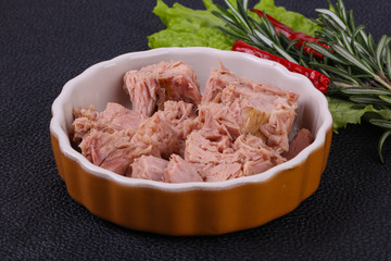 Tasty canned tuna fish in the bowl