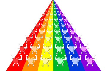 Colorful healthy hearts marching and parading in rows on rainbow striped lanes. Concepts of LGBT / LGBTQ parade, sports day, exercise make heart healthy and stronger, etc. Vector illustration, EPS10.