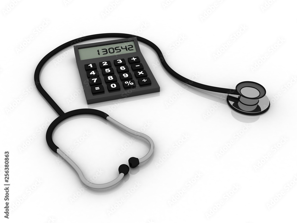 Poster 3d rendering calculator with stethoscope