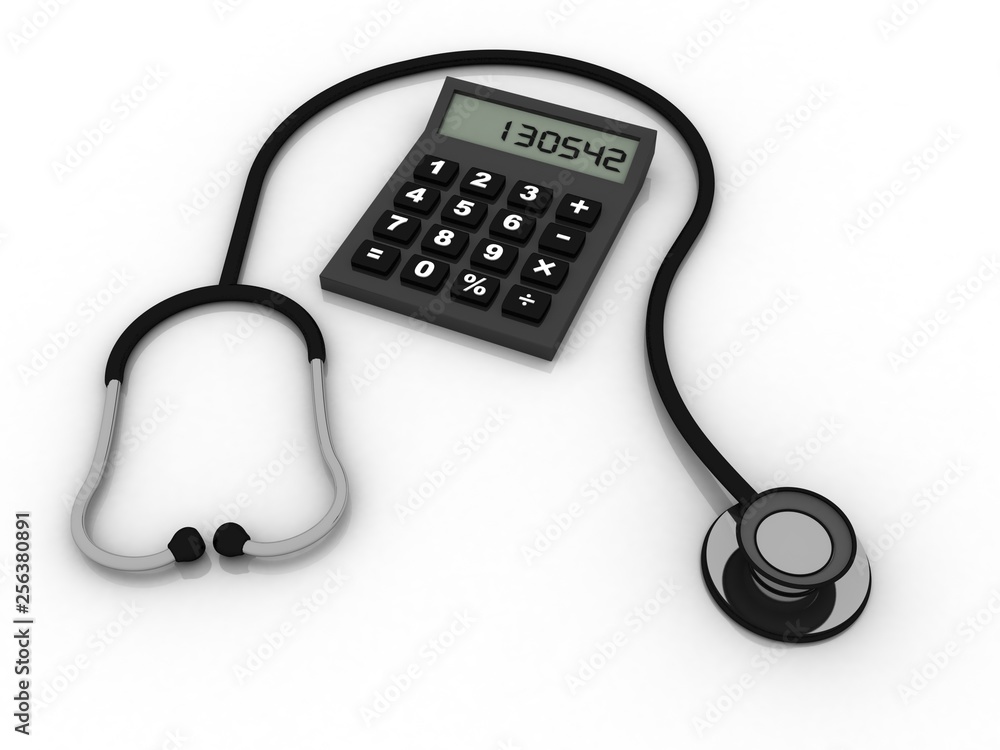 Poster 3d rendering calculator with stethoscope