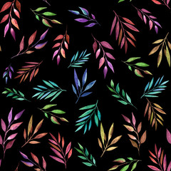 Abstract color branches on black background, seamless pattern. Watercolor illustration. Design for backgrounds, wallpapers and packaging.