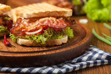 Toasted sandwich with bacon, tomato, cucumber and lettuce.