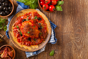 Traditionally made chicken in tomato sauce cacciatore.