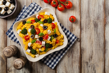 Salad with pasta and feta cheese