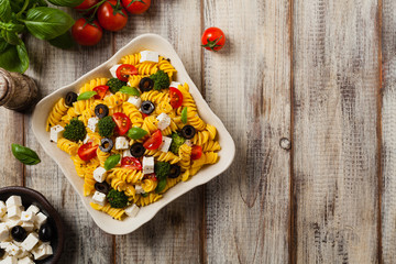 Salad with pasta and feta cheese