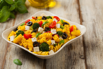 Salad with pasta and feta cheese