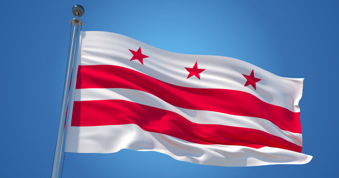 Washington, District of Columbia, United States of America flag on clear blue sky, patriotic background. 3d illustration