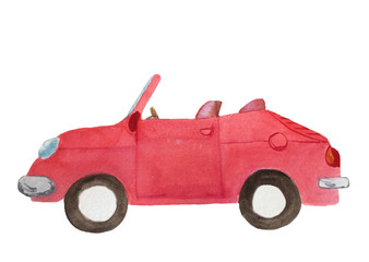 watercolor red cabriolet car with brown wheels, open roof on a white background for the design of cards, invitations, posters