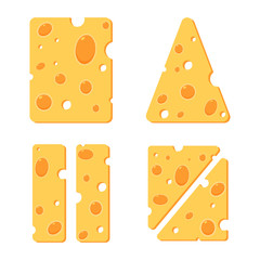 Cheese slices and pieces vector cartoon set isolated on white background.