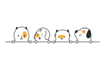 Funny cats and dogs heads in a row. Vector cartoon cute pets border isolated on white background.