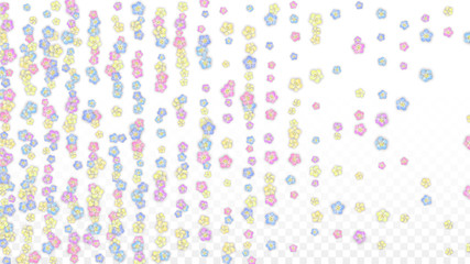 Fototapeta na wymiar Colorful Vector Realistic Petals Falling on Transparent Background. Spring Romantic Flowers Illustration. Flying Petals. Sakura Spa Design. Blossom Confetti. Design Elements for Wedding Decoration.