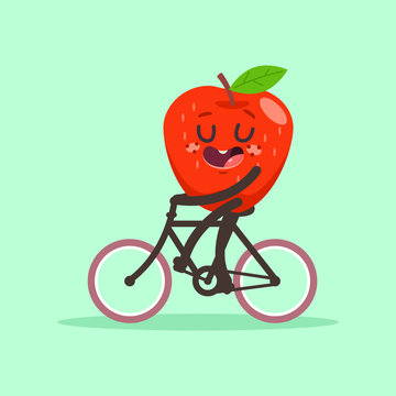 Cute apple rides a bike. Vector cartoon fruit character isolated on background.
