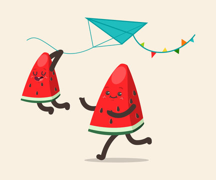 Watermelons fly a kite. Father and son fruit spend together rest. Vector cartoon funny characters isolated on background.