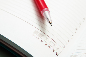 Dates shown in the calendar in the diary and a red penfor writing, selective focus
