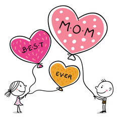 Mädchen und Junge wünschen Best Mom ever auf Luftballons Quadrat