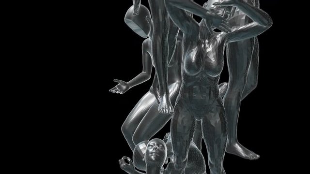 Geometric laser landscape with feminine human figures. Seamless metal retro futuristic animation with shallow depth of field.