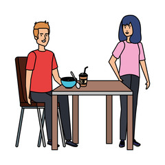 young couple eating in table characters