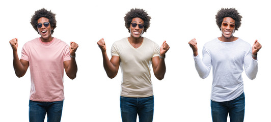 Collage of african american young  man wearing sunglasses over isolated background celebrating surprised and amazed for success with arms raised and open eyes. Winner concept.