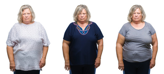 Collage of senior fat woman over isolated background skeptic and nervous, frowning upset because of...