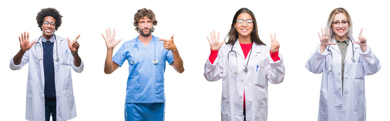 Collage of group of doctor, nurse, surgeon people over isolated background showing and pointing up with fingers number seven while smiling confident and happy.