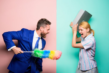 Woman choose to work digital technology. Man force girl to clean up. Gender inequality start from...
