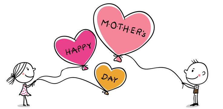 Mädchen und Junge wünschen Happy Mother's Day auf Luftballons