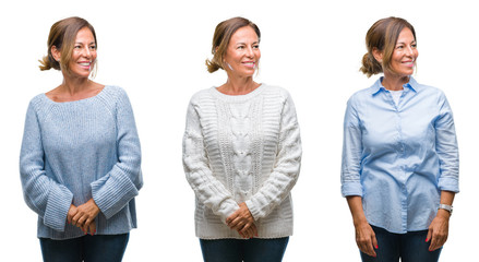 Collage of middle age hispanic woman over isolated background looking away to side with smile on face, natural expression. Laughing confident.