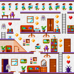 Pixel game interface. Vintage pixel video game. Home level. House level. Pixel interior. Pixel art furniture. Game character action phases