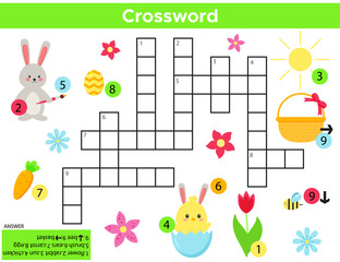 Vector Easter Crossword in English. Education game for children with answer. Printable worksheet. Cute cartoon rabbit, chick, spring flower, Easter egg and basket.