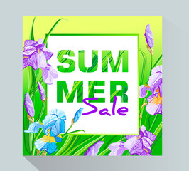 Summer sale banner with blue and purple flowers, flower iris design for banner, flyer, invitation, poster, placard, web site or greeting card. Vector illustration