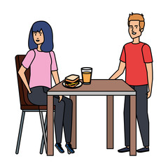 young couple eating in table characters