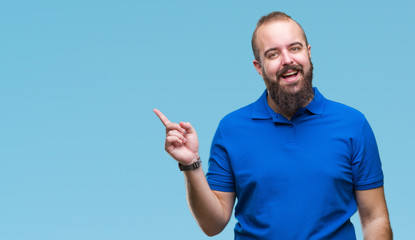 Young caucasian hipster man wearing blue shirt over isolated background with a big smile on face,...
